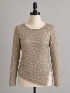 Chico’s Size 2 Metallic Gold Asymmetrical Hem Long Sleeve Knit Sweater